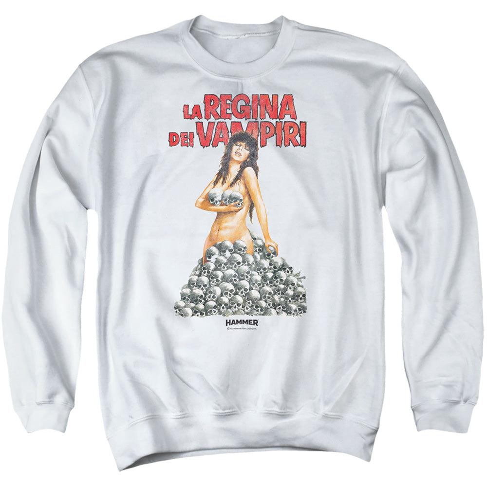 AN OFFCIALLY LICENSED HAMMER HOUSE OF HORROR LA REGINA ADULT UNISEX CREWNECK SWEATSHIRT WHITE
