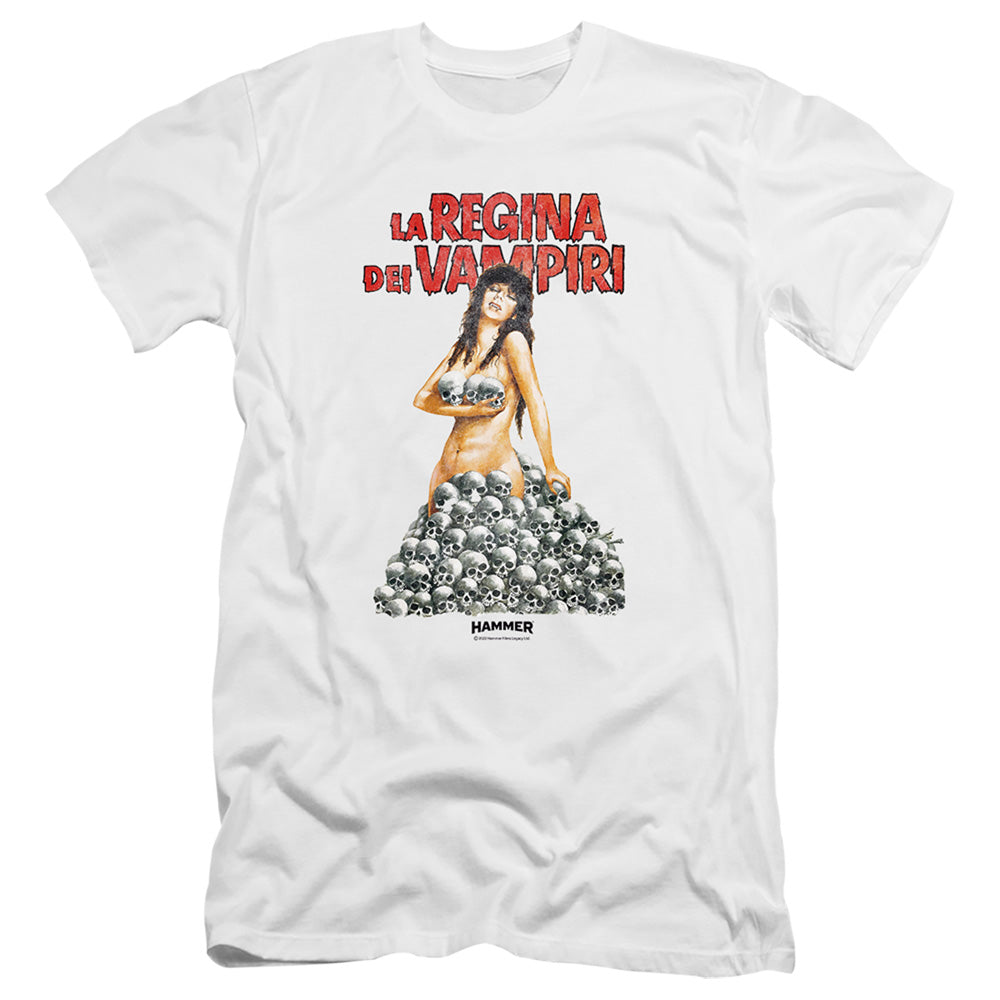 AN OFFCIALLY LICENSED HAMMER HOUSE OF HORROR LA REGINA MEN'S PREMIUM SLIM FIT T-SHIRT WHITE
