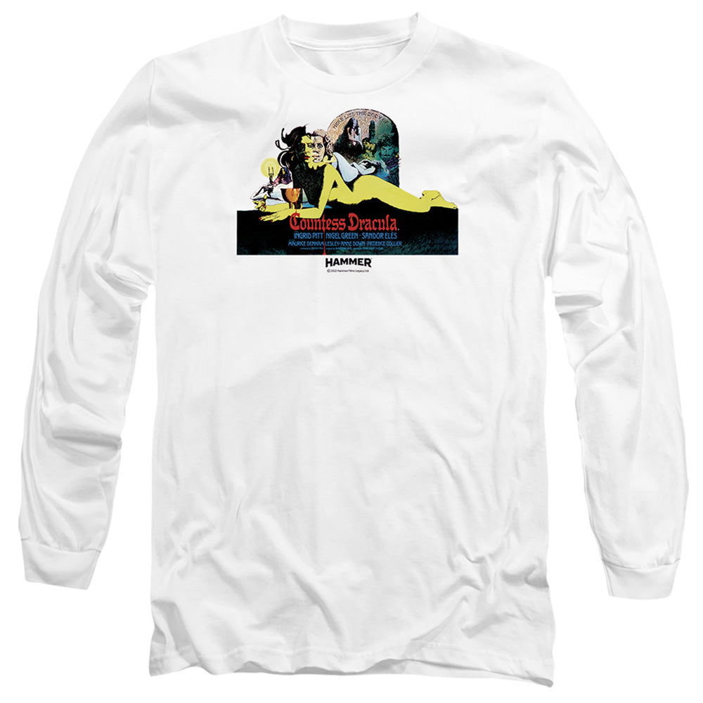 AN OFFCIALLY LICENSED HAMMER HOUSE OF HORROR COUNTESS LIGHT MEN'S LONG SLEEVE T-SHIRT WHITE