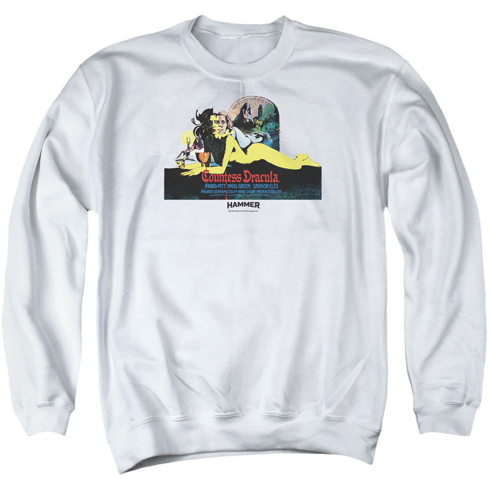 AN OFFCIALLY LICENSED HAMMER HOUSE OF HORROR COUNTESS LIGHT ADULT UNISEX CREWNECK SWEATSHIRT WHITE