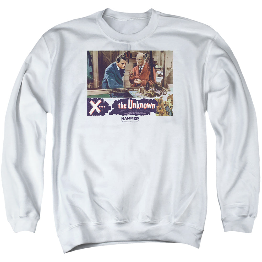 AN OFFCIALLY LICENSED HAMMER HOUSE OF HORROR THE UNKOWN ADULT UNISEX CREWNECK SWEATSHIRT WHITE