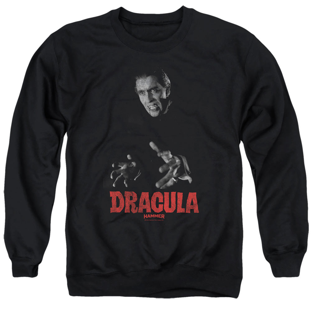 AN OFFCIALLY LICENSED HAMMER HOUSE OF HORROR CHRISTOPHER LEE DRACULA ADULT UNISEX CREWNECK SWEATSHIRT BLACK