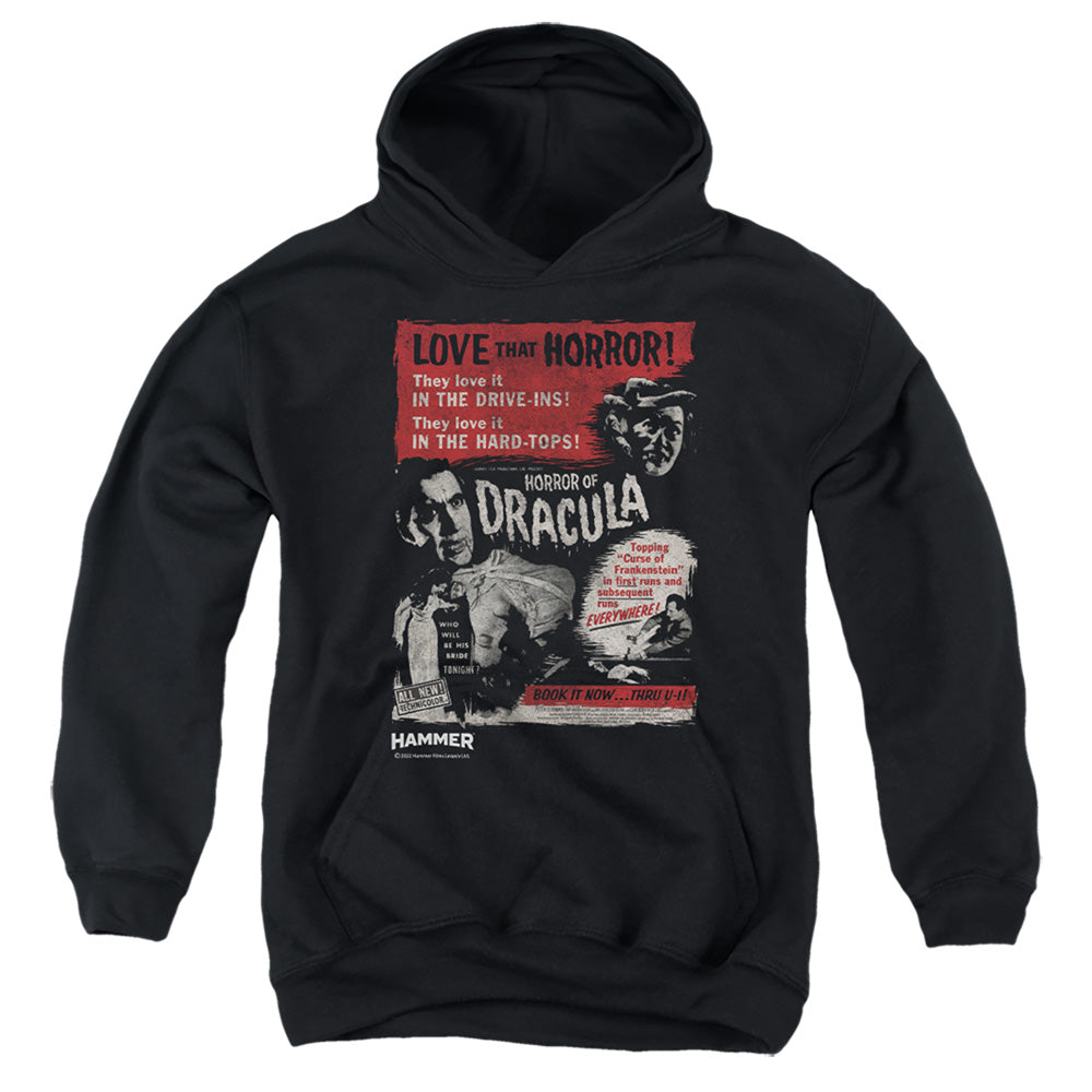 AN OFFCIALLY LICENSED HAMMER HOUSE OF HORROR LOVE HORROR OF DRACULA YOUTH HOODIE BLACK