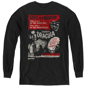 AN OFFCIALLY LICENSED HAMMER HOUSE OF HORROR LOVE HORROR OF DRACULA YOUTH LONG SLEEVE T-SHIRT BLACK