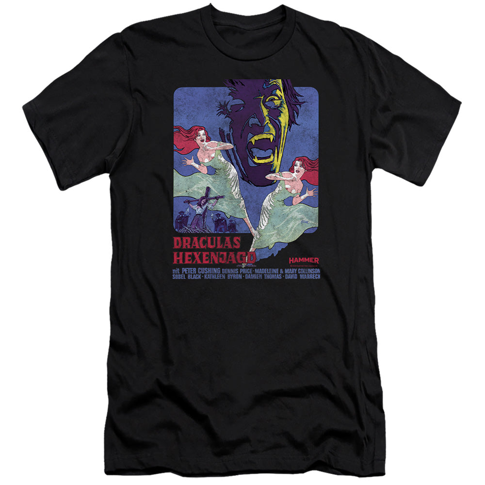 AN OFFCIALLY LICENSED HAMMER HOUSE OF HORROR DRACULAS MEN'S PREMIUM SLIM FIT T-SHIRT BLACK