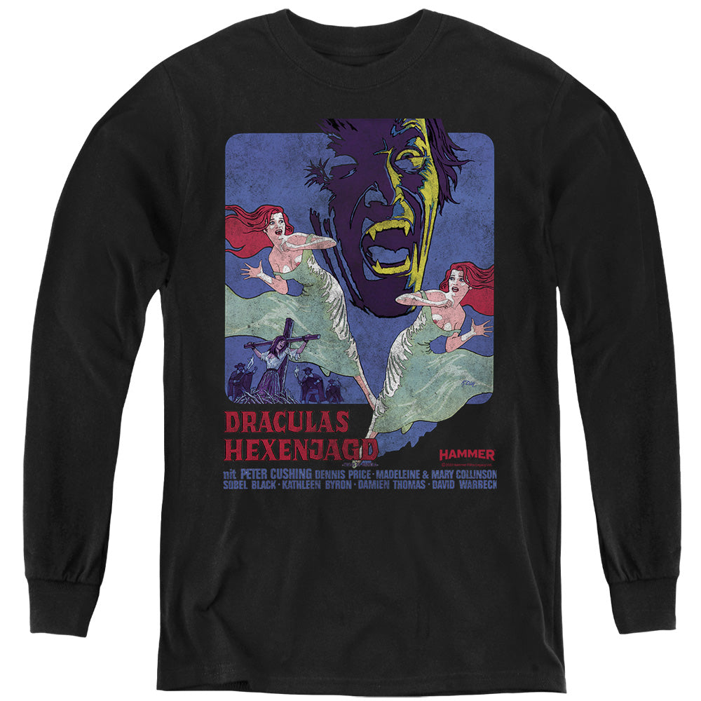 AN OFFCIALLY LICENSED HAMMER HOUSE OF HORROR DRACULAS YOUTH LONG SLEEVE T-SHIRT BLACK