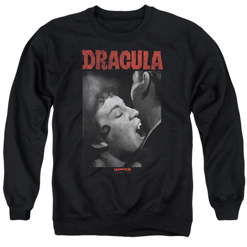 AN OFFCIALLY LICENSED HAMMER HOUSE OF HORROR CHRISTOPHER LEE DRACULA BITE ADULT UNISEX CREWNECK SWEATSHIRT BLACK