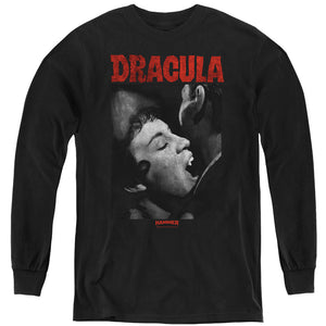 AN OFFCIALLY LICENSED HAMMER HOUSE OF HORROR CHRISTOPHER LEE DRACULA BITE YOUTH LONG SLEEVE T-SHIRT BLACK