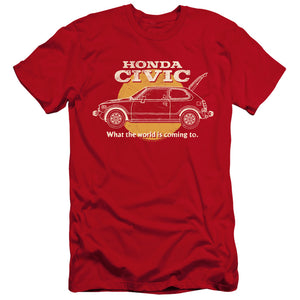 AN OFFCIALLY LICENSED HONDA CIVIC COMING WORLD MEN'S PREMIUM SLIM FIT T-SHIRT RED