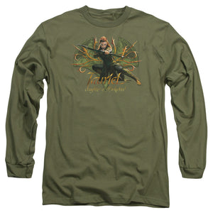 AN OFFCIALLY LICENSED HOBBIT TAURIEL MEN'S LONG SLEEVE T-SHIRT MILITARY GREEN