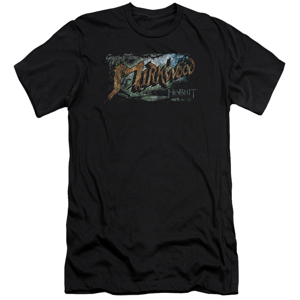 AN OFFCIALLY LICENSED HOBBIT GREETINGS FROM MIRKWOOD MEN'S PREMIUM SLIM FIT T-SHIRT BLACK