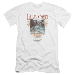 AN OFFCIALLY LICENSED HOBBITLAKETOWN HOBBITLAKETOWN MEN'S PREMIUM SLIM FIT T-SHIRT WHITE