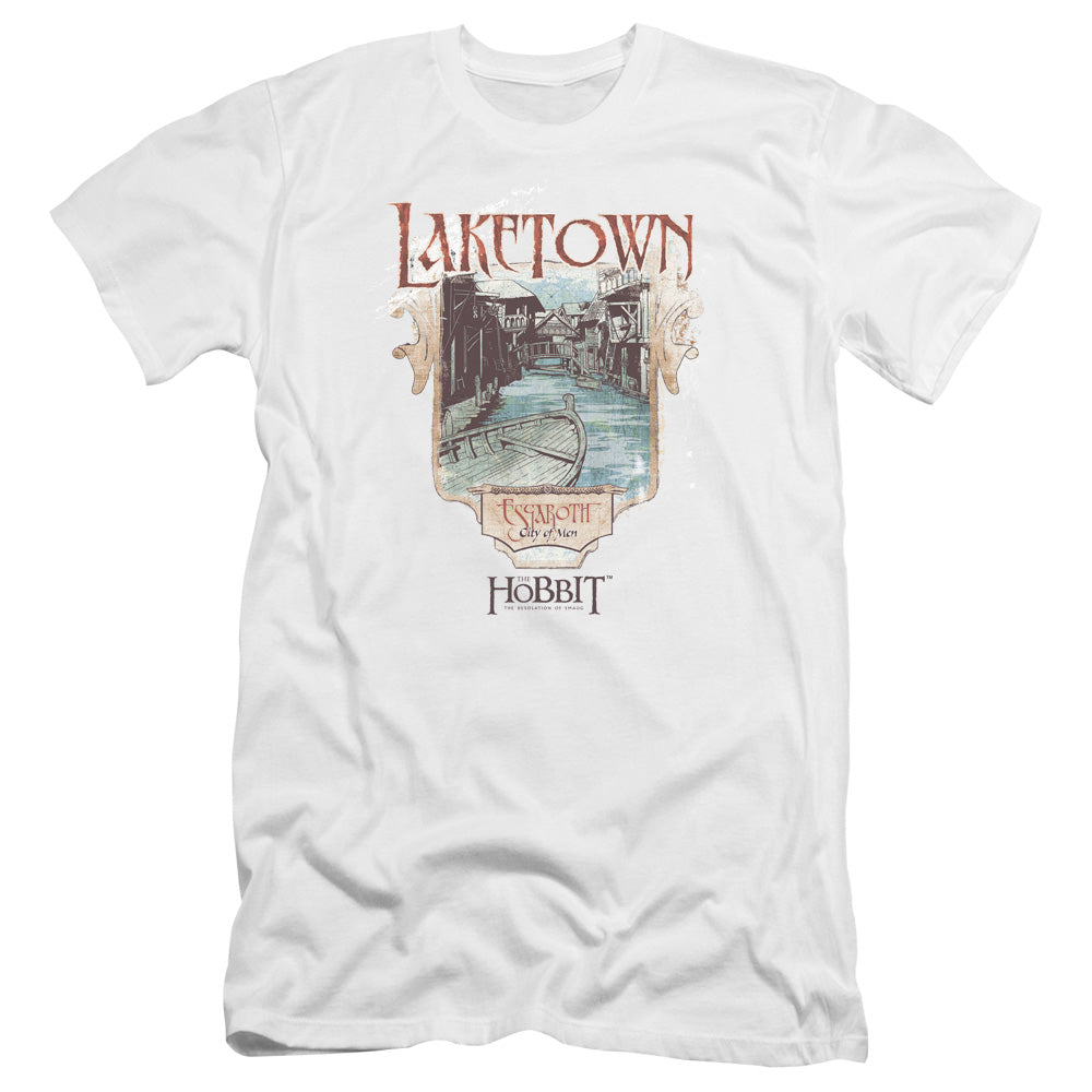 AN OFFCIALLY LICENSED HOBBITLAKETOWN HOBBITLAKETOWN MEN'S PREMIUM SLIM FIT T-SHIRT WHITE