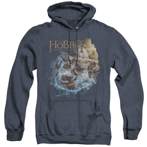 AN OFFCIALLY LICENSED HOBBIT BARRELING DOWN ADULT UNISEX HEATHER PULLOVER HOODIE NAVY