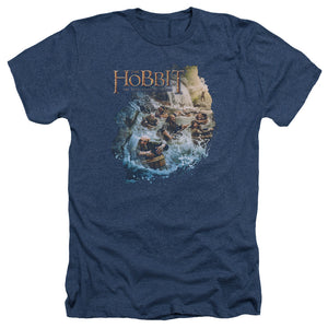 AN OFFCIALLY LICENSED HOBBIT BARRELING DOWN MEN'S HEATHER T-SHIRT NAVY