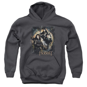 AN OFFCIALLY LICENSED HOBBIT WEAPONS DRAWN YOUTH HOODIE CHARCOAL