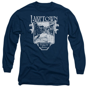 AN OFFCIALLY LICENSED HOBBIT LAKETOWN SIMPLE MEN'S LONG SLEEVE T-SHIRT NAVY