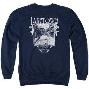 AN OFFCIALLY LICENSED HOBBIT LAKETOWN SIMPLE ADULT UNISEX CREWNECK SWEATSHIRT NAVY