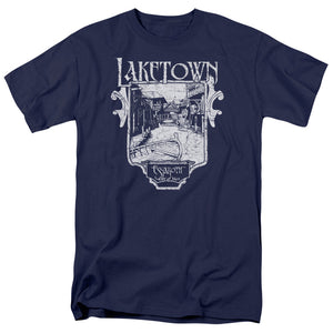 AN OFFCIALLY LICENSED HOBBIT LAKETOWN SIMPLE MEN'S REGULAR FIT T-SHIRT NAVY