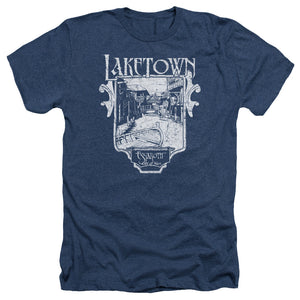 AN OFFCIALLY LICENSED HOBBIT LAKETOWN SIMPLE MEN'S HEATHER T-SHIRT NAVY