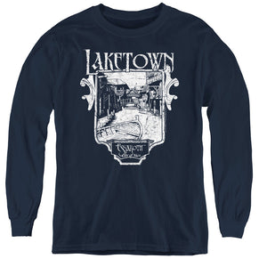 AN OFFCIALLY LICENSED HOBBIT LAKETOWN SIMPLE YOUTH LONG SLEEVE T-SHIRT NAVY
