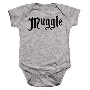 AN OFFCIALLY LICENSED HARRY POTTER MUGGLE BABY BODYSUIT ATHLETIC HEATHER