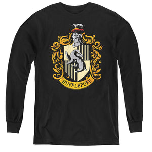 AN OFFCIALLY LICENSED HARRY POTTER HUFFLEPUFF CREST YOUTH LONG SLEEVE T-SHIRT BLACK