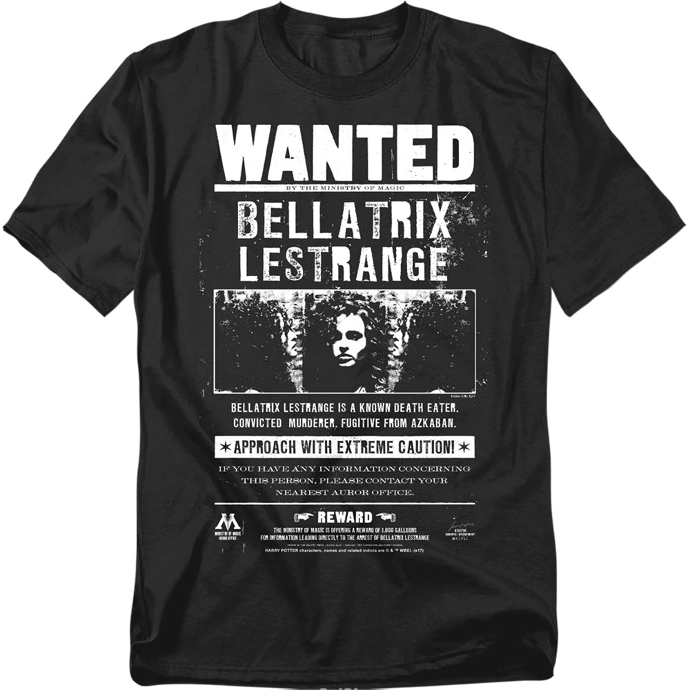 AN OFFCIALLY LICENSED HARRY POTTER WANTED BELLATRIX MEN'S REGULAR FIT T-SHIRT BLACK