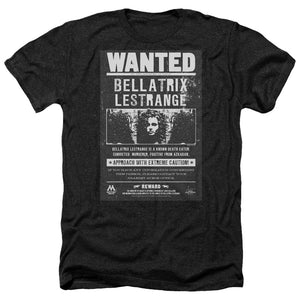AN OFFCIALLY LICENSED HARRY POTTER WANTED BELLATRIX MEN'S HEATHER T-SHIRT CHARCOAL