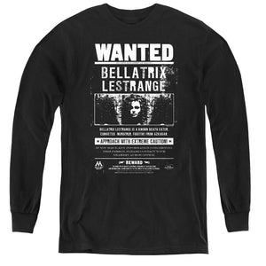 AN OFFCIALLY LICENSED HARRY POTTER WANTED BELLATRIX YOUTH LONG SLEEVE T-SHIRT BLACK