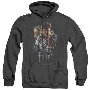 AN OFFCIALLY LICENSED HARRY POTTER DEATHLY HOLLOWS CAST ADULT UNISEX HEATHER PULLOVER HOODIE BLACK