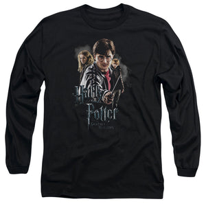 AN OFFCIALLY LICENSED HARRY POTTER DEATHLY HOLLOWS CAST MEN'S LONG SLEEVE T-SHIRT BLACK