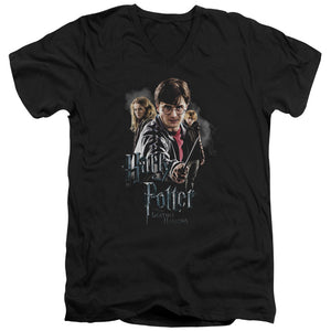 AN OFFCIALLY LICENSED HARRY POTTER DEATHLY HOLLOWS CAST MEN'S V-NECK T-SHIRT BLACK