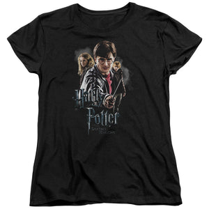 AN OFFCIALLY LICENSED HARRY POTTER DEATHLY HOLLOWS CAST WOMEN'S REGULAR FIT T-SHIRT BLACK