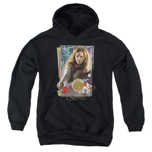 AN OFFCIALLY LICENSED HARRY POTTER HERMIONE COLORFUL PAPER COLLAGE YOUTH HOODIE BLACK