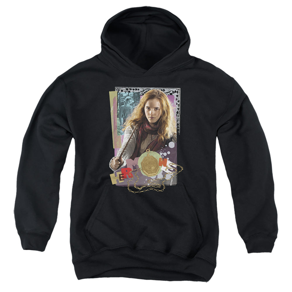 AN OFFCIALLY LICENSED HARRY POTTER HERMIONE COLORFUL PAPER COLLAGE YOUTH HOODIE BLACK