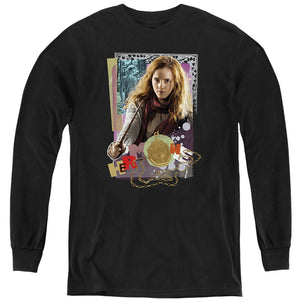 AN OFFCIALLY LICENSED HARRY POTTER HERMIONE COLORFUL PAPER COLLAGE YOUTH LONG SLEEVE T-SHIRT BLACK