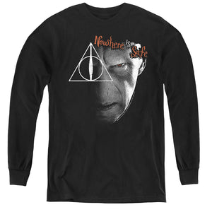 AN OFFCIALLY LICENSED HARRY POTTER NOWHERE IS SAFE YOUTH LONG SLEEVE T-SHIRT BLACK