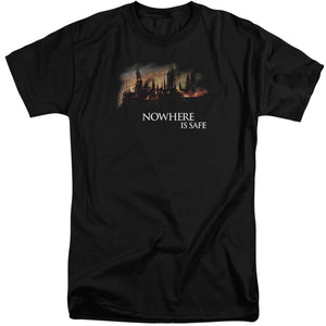 AN OFFCIALLY LICENSED HARRY POTTER BURNING HOGWARTS MEN'S TALL FIT T-SHIRT BLACK