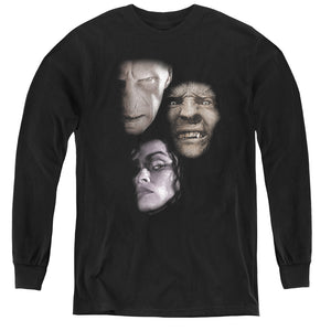 AN OFFCIALLY LICENSED HARRY POTTER VILLIAN HEADS YOUTH LONG SLEEVE T-SHIRT BLACK