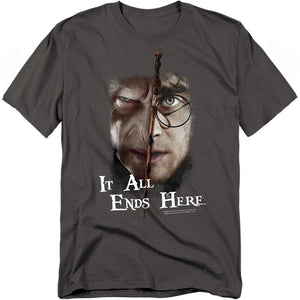 AN OFFCIALLY LICENSED HARRY POTTER IT ALL ENDS HERE MEN'S REGULAR FIT T-SHIRT CHARCOAL