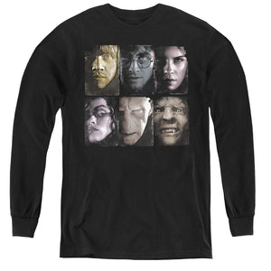 AN OFFCIALLY LICENSED HARRY POTTER HORIZONTAL HEADS YOUTH LONG SLEEVE T-SHIRT BLACK