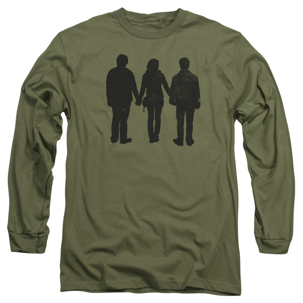AN OFFCIALLY LICENSED HARRY POTTER THREE STAND ALONE MEN'S LONG SLEEVE T-SHIRT MILITARY GREEN