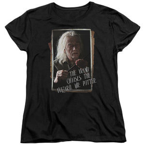 AN OFFCIALLY LICENSED HARRY POTTER OLIVANDER WOMEN'S REGULAR FIT T-SHIRT BLACK