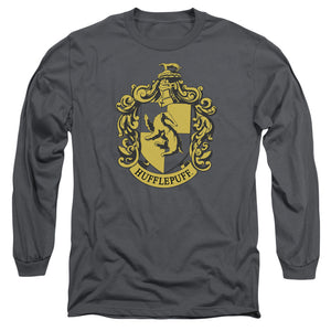 AN OFFCIALLY LICENSED HARRY POTTER HUFFLEPUFF CREST MEN'S LONG SLEEVE T-SHIRT CHARCOAL