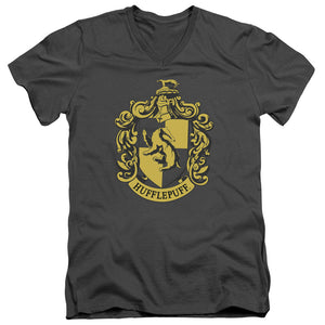 AN OFFCIALLY LICENSED HARRY POTTER HUFFLEPUFF CREST MEN'S V-NECK T-SHIRT CHARCOAL