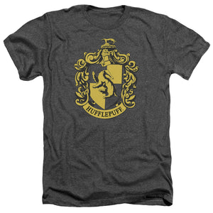 AN OFFCIALLY LICENSED HARRY POTTER HUFFLEPUFF CREST MEN'S HEATHER T-SHIRT CHARCOAL