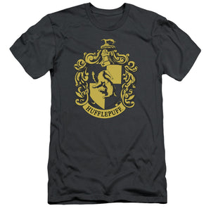 AN OFFCIALLY LICENSED HARRY POTTER HUFFLEPUFF CREST MEN'S PREMIUM SLIM FIT T-SHIRT CHARCOAL