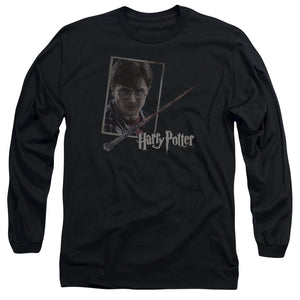 AN OFFCIALLY LICENSED HARRY POTTER HARRYS WAND PORTRAIT MEN'S LONG SLEEVE T-SHIRT BLACK