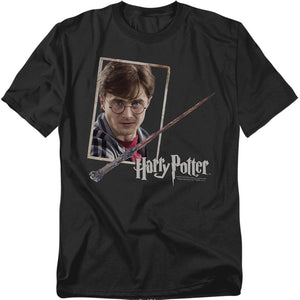 AN OFFCIALLY LICENSED HARRY POTTER HARRYS WAND PORTRAIT MEN'S REGULAR FIT T-SHIRT BLACK